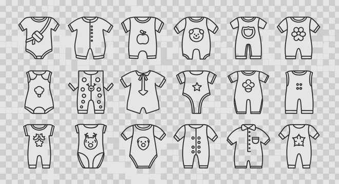 Baby onesies with various designs.