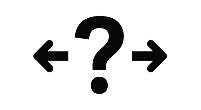 A simple graphic depicts a black question mark flanked by left and right arrows with a dot below high quality professional