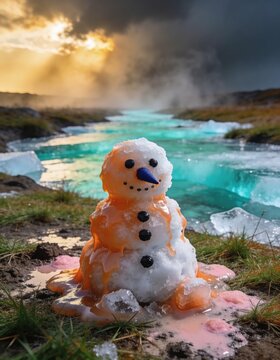 Melting orange snowman sitting on a patch of grass in a thawing spring environment representing global warming and climate change awareness concepts
