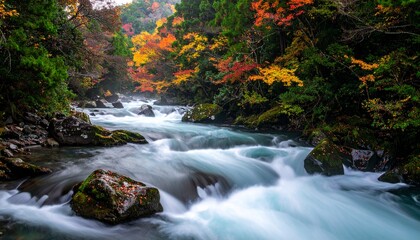Fototapeta premium 日本の秋の渓谷を流れる清流と紅葉の絶景