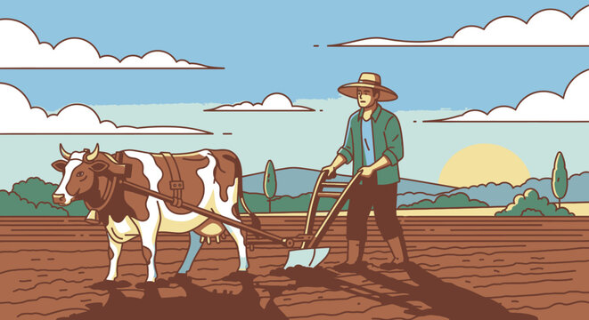 Man plowing field with brown cow 3.