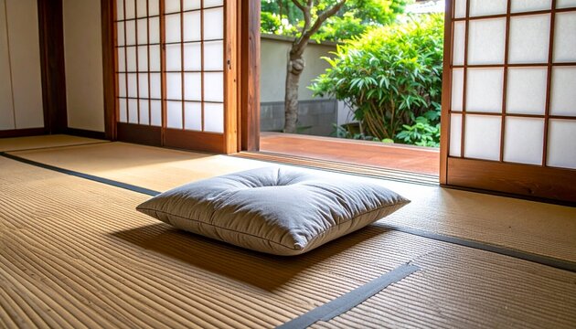 庭に向けた開いた障子のある和室の畳に置かれた座布団