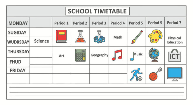 School timetable with various subjects icons.