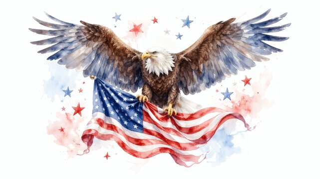 Watercolor bald eagle holding American flag with stars