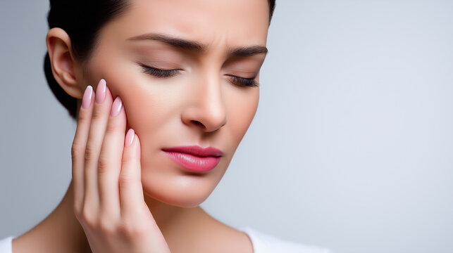 Young woman holding cheek in pain suffering from toothache and dental discomfort.