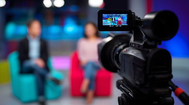 Professional video camera filming television interview in studio with blurred guests in background.