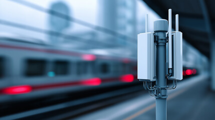 5G telecommunication antennas installed at railway station with train in background. © Curioso.Photography