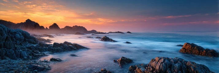 Fototapeta premium Dramatic Seascape Shows Rocky Coastline at Sunrise With Mist Over Water and Gradient Sky in Wide Horizontal View