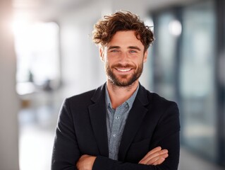 Fototapeta premium confident man business portrait on a blured office background with natural sunlight