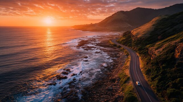 A winding road runs along a rocky coastline with a car driving towards the vibrant sunset over the ocean