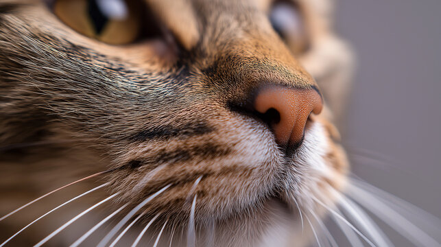 Close-up of cat nose and whiskers highlighting texture and detail.
