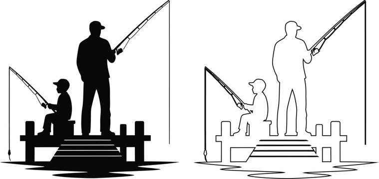 Two generations fishing together on docks with different styles silhouette art