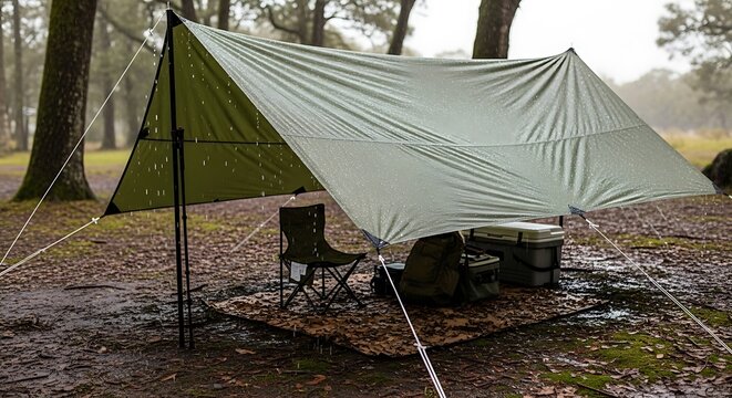 A green tarp providing shade for camping and outdoor activities