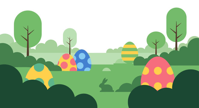 easter egg hunt in a vibrant spring landscape with hidden colorful eggs and a cute bunny illustration