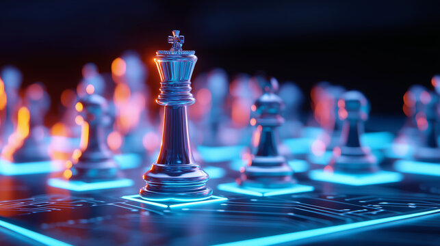 Glowing chess pieces on a digital board, symbolizing strategy, competition, and artificial intelligence.