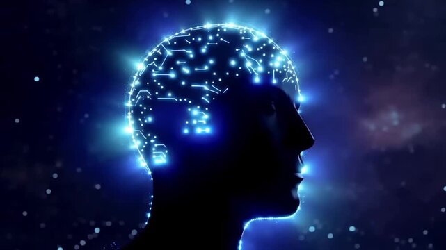 Starfield Backdrop Highlights Glowing Neural Cables And Evolving Brain Technology. Experimental Neural Network Setup With Luminous Circuits And Data Flowing Into Brain Against Starry Sky