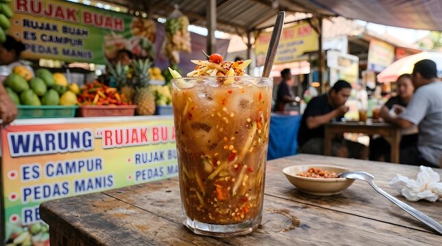 A refreshing glass of Indonesian rujak buah with ice and spicy fruit salad, served on a rustic wooden table at a vibrant street food stall with fresh fruits in the background.