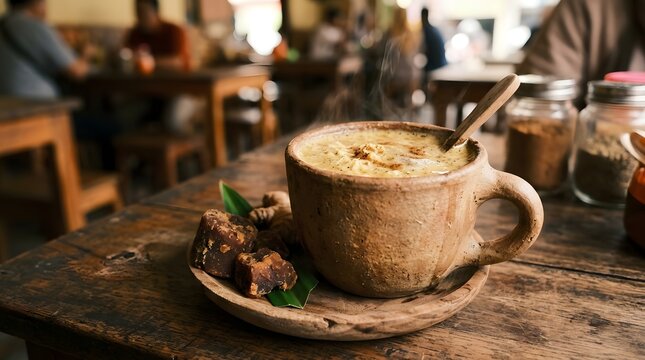 A steaming traditional hot beverage in a rustic ceramic cup with palm sugar and a wooden spoon on a weathered wooden table in a cozy cafe setting.