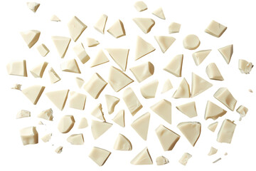 White chocolate pieces breaking and scattering, creating a sugary texture for confectionery and dessert concepts