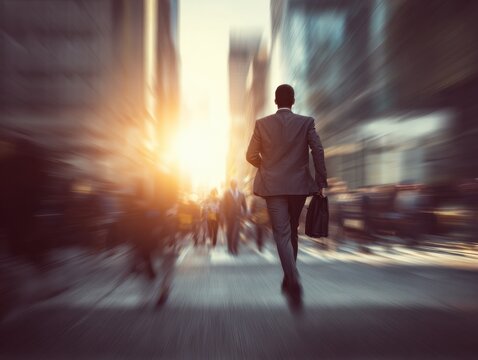 corporate businessman city commute on a blured office background with natural sunlight