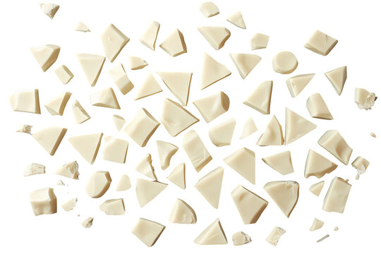 White chocolate pieces breaking and scattering, creating a sugary texture for confectionery and dessert concepts