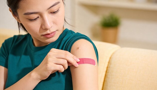 Young Woman Applying a Pink Contraception Patch to Her Arm While Sitting on a Sofa for Womens Health Care Editorial Website and Medical Lifestyle Advertisement