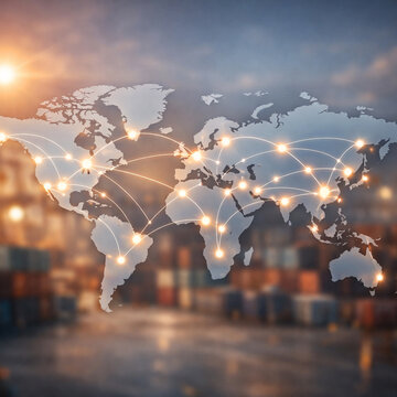 World map overlay with glowing connection points above busy port and stacked shipping containers, conveying global logistics, international trade, supply chain, connectivity and freight transportation