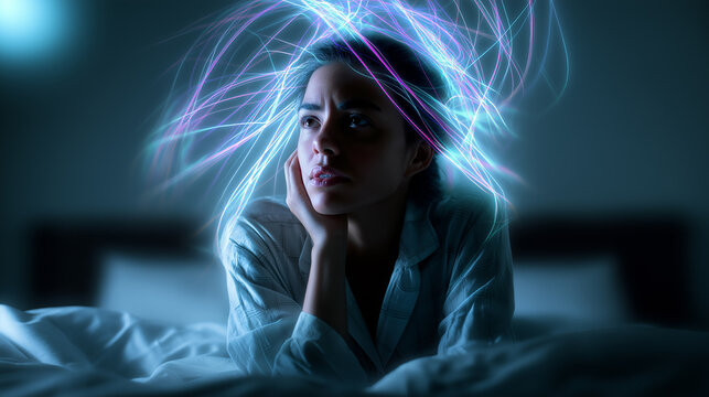 Person sitting cross-legged on a bed experiencing insomnia or mental overload with abstract light waves representing thoughts or stress.