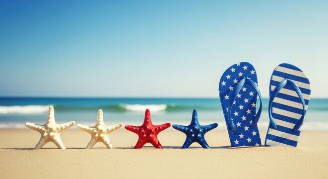 Independence day starfish and flip flops on a sunny beach