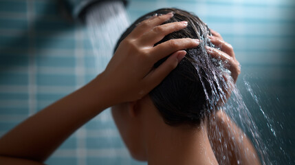 Naklejka premium Woman washing her hair under running water in the shower, representing hygiene and daily personal care routine.