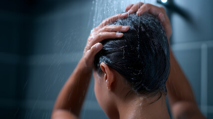 Naklejka premium Woman washing her hair under running water in the shower, representing hygiene and daily personal care routine.