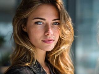 Fototapeta premium professional woman determined look on a blured office background with natural sunlight