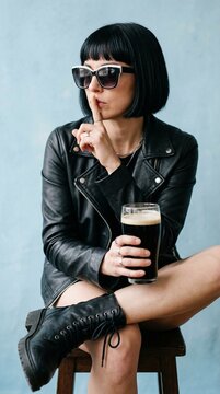 Woman with short hair holding beer and shushing while sitting  