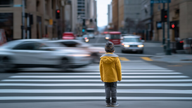 Child in yellow jacket standing at a crosswalk with motion blurred traffic, representing road safety and urban life.