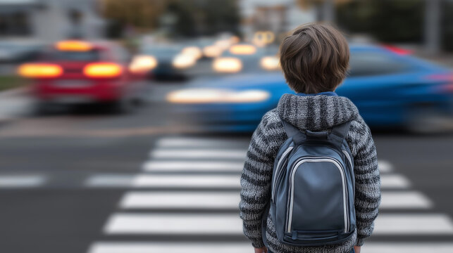 Child with backpack standing at pedestrian crossing with blurred traffic, symbolizing road safety and school commute.