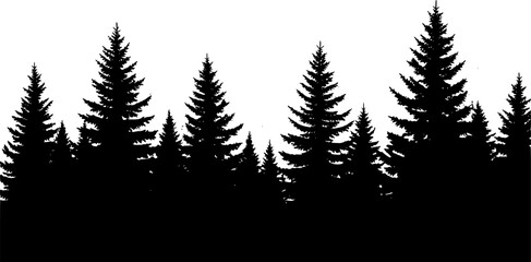 Obraz premium Pine trees silhouettes. Evergreen coniferous forest silhouette, nature spruce tree park view vector illustration. Coniferous woods silhouette
