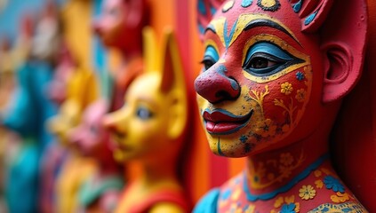 Fototapeta premium Close-up of vibrant intricately painted wooden sculptures showcasing cultural artistry and craftsmanship.