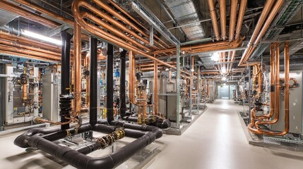 Industrial mechanical room with copper pipes.