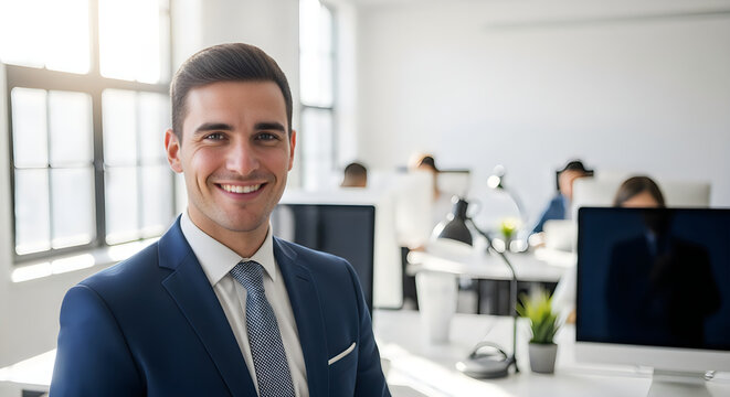 Smiling man in a suit stands in a bright office suitable for corporate communication needs.