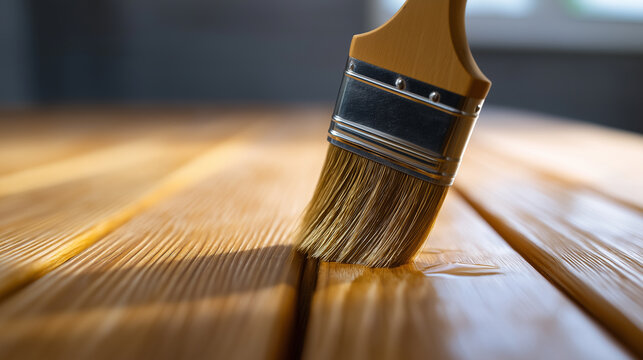 Close-up of a brush applying wood varnish on a wooden surface, emphasizing finishing, protection, and craftsmanship.