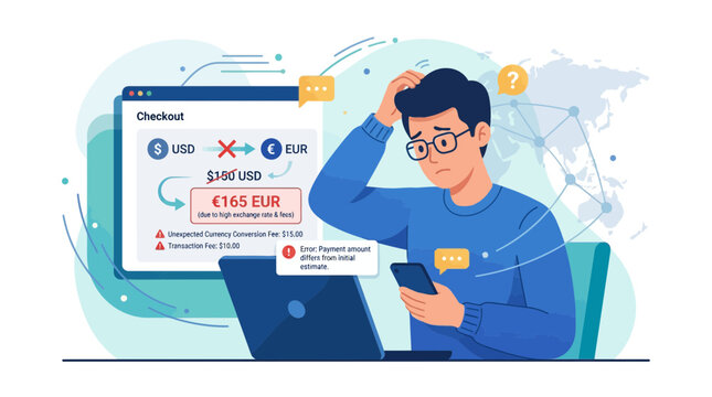 Man frustrated by hidden currency conversion fees on laptop