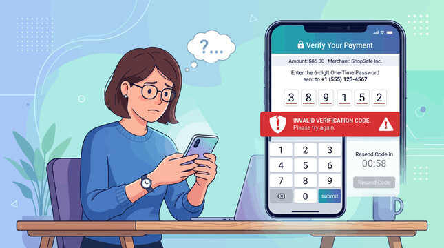 Woman encountering invalid verification code error on smartphone