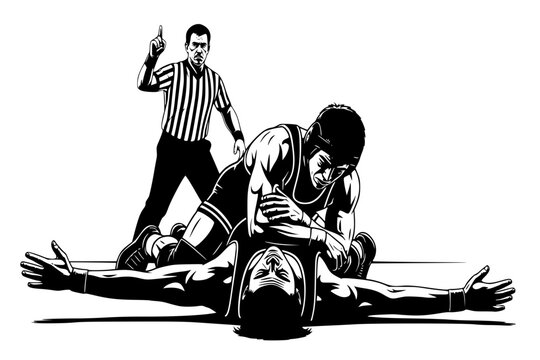 Wrestling Pin Silhouette Victory Mat Finish Referee Count Combat Sports Match Black Vector