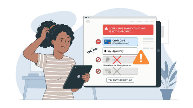Frustrated Woman Facing Payment Method Error on Tablet