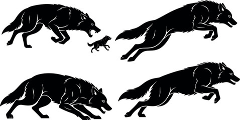 Wolf silhouette action poses set with running jumping hunting and stalking wild predator animal vector illustration collection © Jesika!
