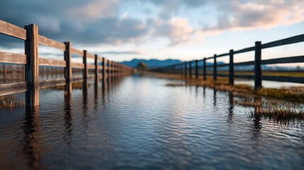 Fototapeta premium A wooden fence stretches along a flooded field under a cloudy sky with distant mountains, reflecting beautifully in the calm water.