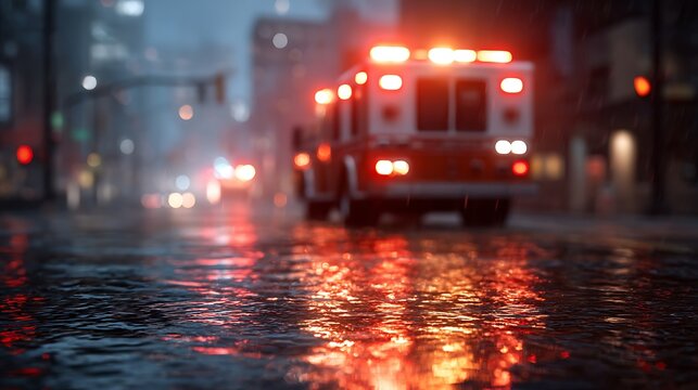 An ambulance with flashing lights drives through a wet, rainy city street at night, reflecting red and orange hues on the pavement.