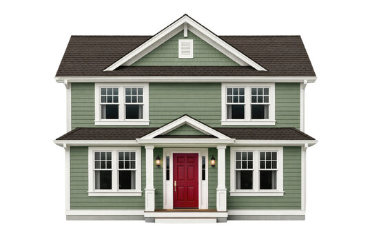 Modern two-story suburban house with green siding and red front door, contemporary family home architecture, residential real estate property isolated PNG with Transparent Background