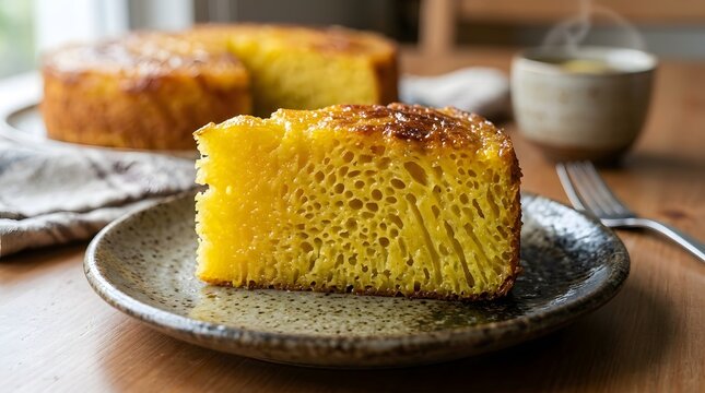 A slice of golden yellow honeycomb cake on a plate with the rest of the cake and a steaming cup in the background.