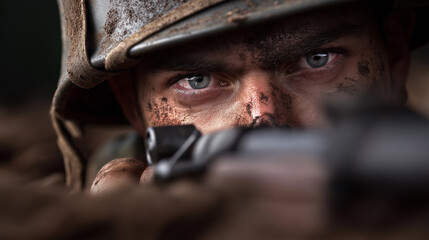 Obraz premium Close-up of a soldier aiming a rifle with intense focus, face covered in dirt and wearing tactical gear. 